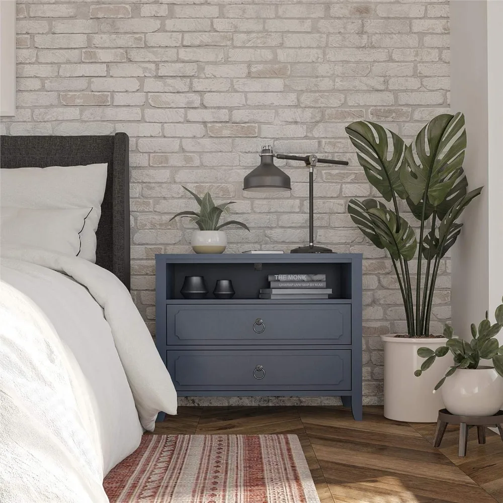 Her Majesty 2 Drawer Nightstand, Blue, Made of Painted MDF with Real Wood Legs, Suitable for Bedrooms and Living Rooms image 2
