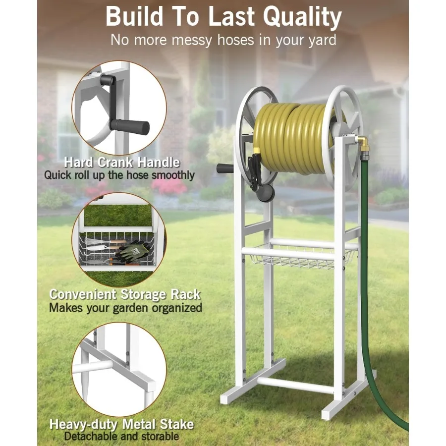 지상 설치형 정원 호스 릴, 5/8인치 호스 125피트 및 3.9피트 리더 브라스 피팅 포함, 물 호스 홀더 스탠드