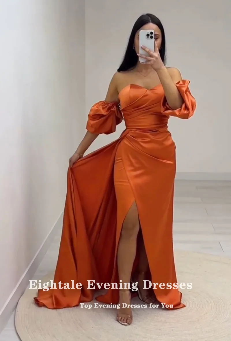 Eightale Elegant Evening Dresses with Detachable Sleeves Orange Satin Mermaid Prom Wedding Party Gown Robes De soirée