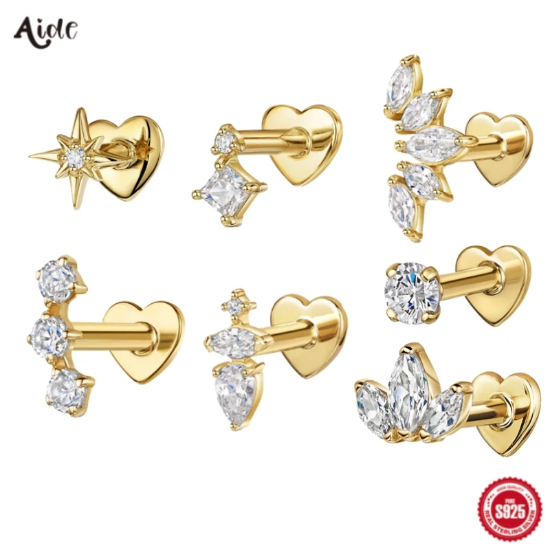 Aide 925 Sterling Silver Heart Flat Push-Back Zircon Pendiente Piercing Kolczyki sztyfty dla kobiet K Gold Prosta elegancka biżuteria