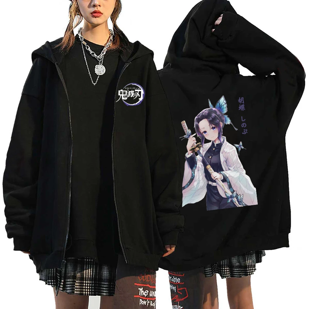 Hot Anime Demon Slayer Women Zip Hoodie Kochou Shinobu Plus SIze Sweatshirt Harajuku Zip Up Jacket Y2k Female Fashion Pullover