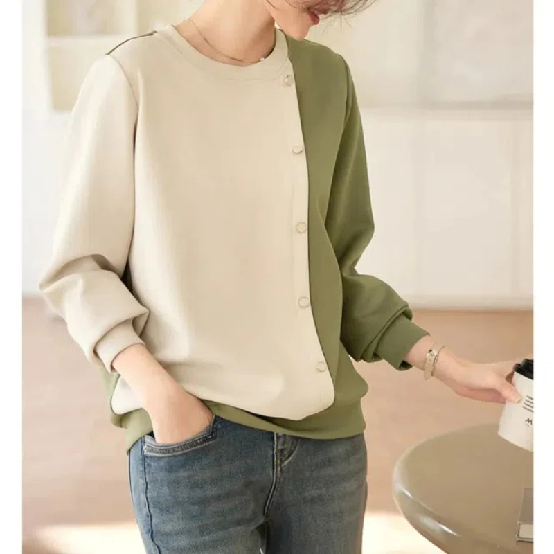 Women\'s Clothing Spring Autumn Round Neck Pullover Button Lantern Long Sleeve Contrast Color Hoodies T-shirt Casual Loose Tops