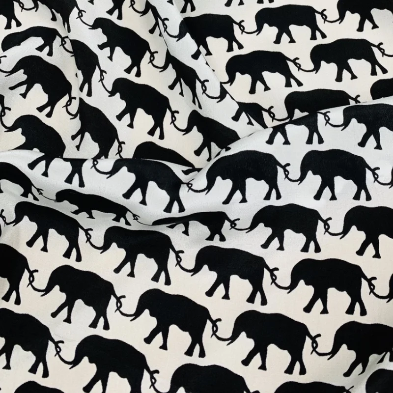 

1 meter 100% Mulberry Silk 16 momme Crepe Silk Fabric White with Black Elephant Printed 114cm 44" wide by the yard JX002