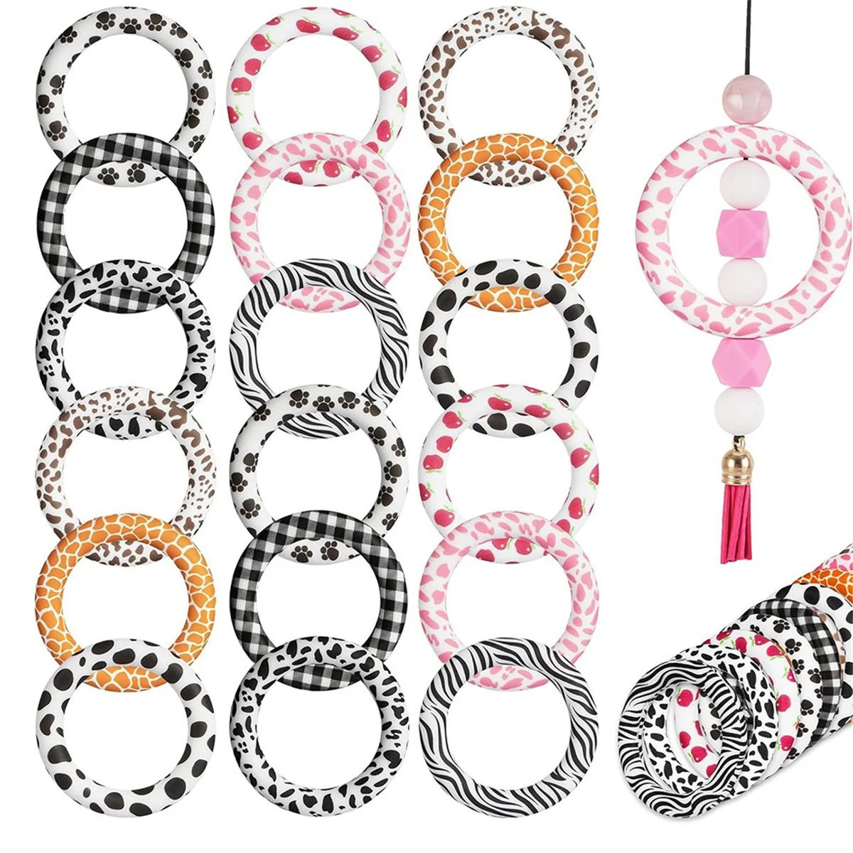 18 Pcs Silicone Beadable O Rings with Holes for Stringing, 65mm Silicone Beads Bulk Loop for Keychain & DIY Necklace