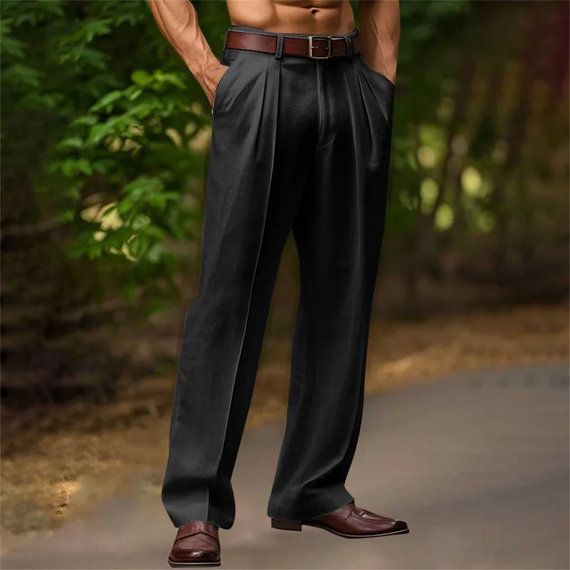 Men's New Foreign Trade Diagonal Pocket Double-Fold Linen Solid Color Outdoor Daily Breathable Loose Straight-Leg Pants