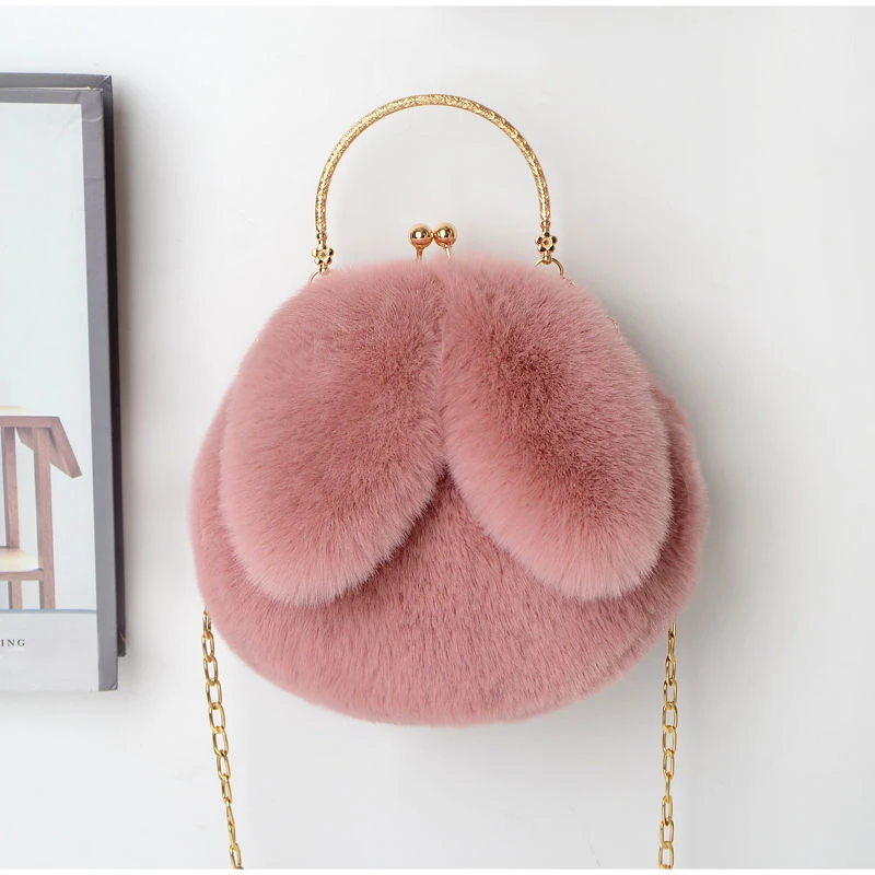 Weiche, flauschige Plüsch-Handtasche mit Henkel, niedliche Umhängetasche mit Hasenohren und Kette, warme Winter-Clutch, leichte Handytasche – Detail 26