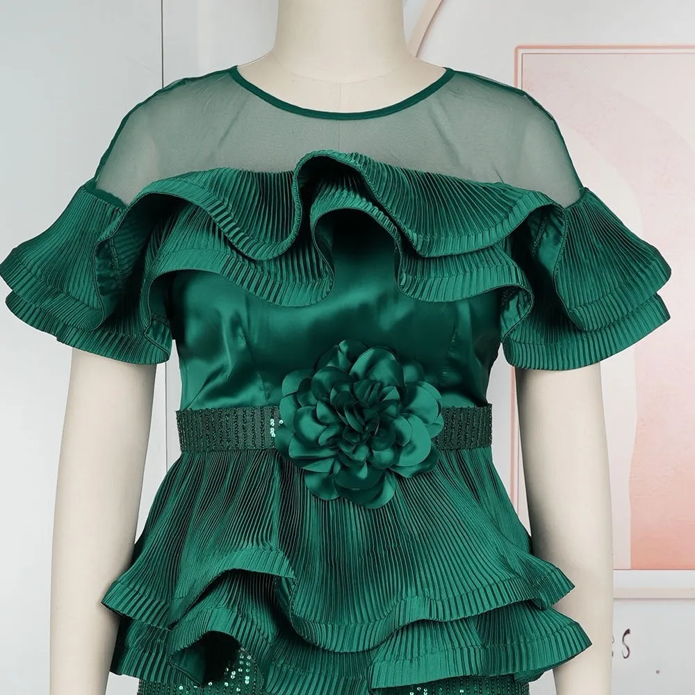 فساتين H&D الأفريقية للنساء مقاس كبير مكشكشة شفافة - بلوزة كتف مع بيبلوم متألقة بالترتر فستان حفلات الزفاف