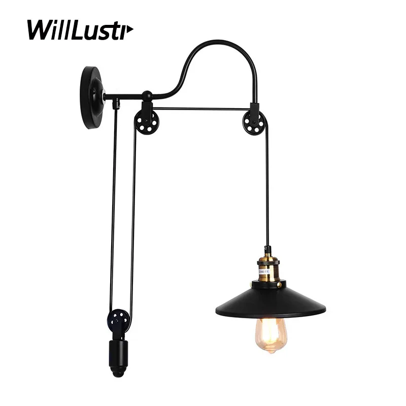 

Industrial Style Iron Wall Lamp Vintage Pulley Lifting Sconce Hotel Cafe Loft Bar Hallway Porch With Mirror Cage Metal Lighting