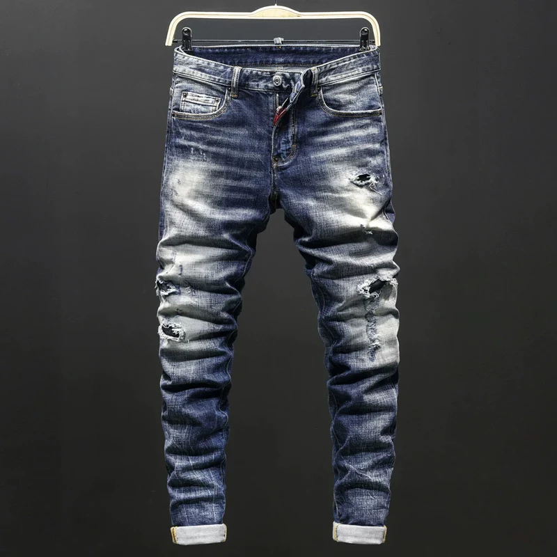 Men Blue Horizontal‑Streak Wash Multi‑Position Frayed Ripped Stretch Skinny Denim Jeans Hip‑Hop Streetwear Denim Jeans hombre