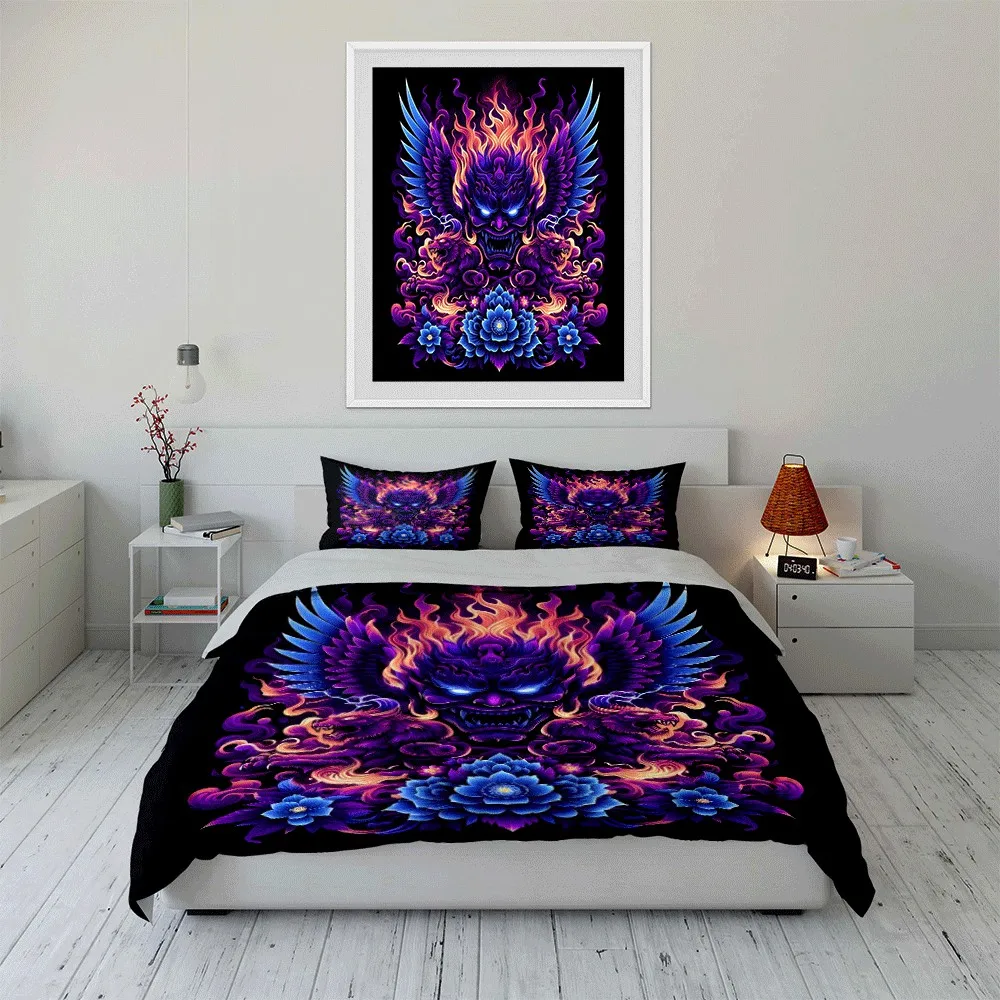 

"Flaming Demon Trio Artwork Set" Exquisite three-piece bedding set gift for kids and adults