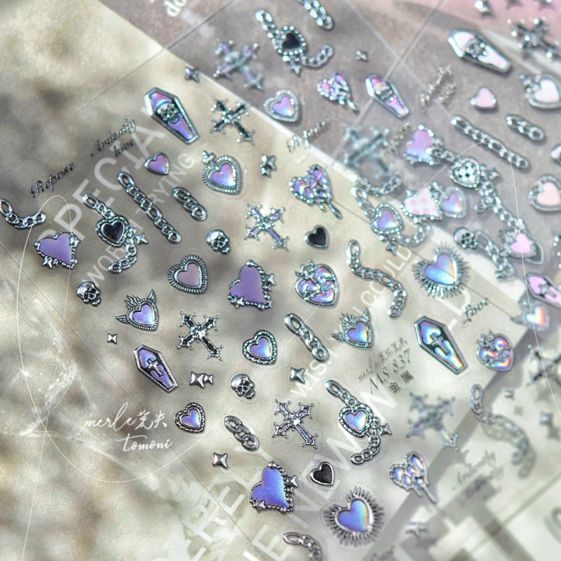 Punk zilveren lava ketting doodskist lint strik geometrische figuur liefde hart skelet slot ster maan nail art sticker manicure sticker