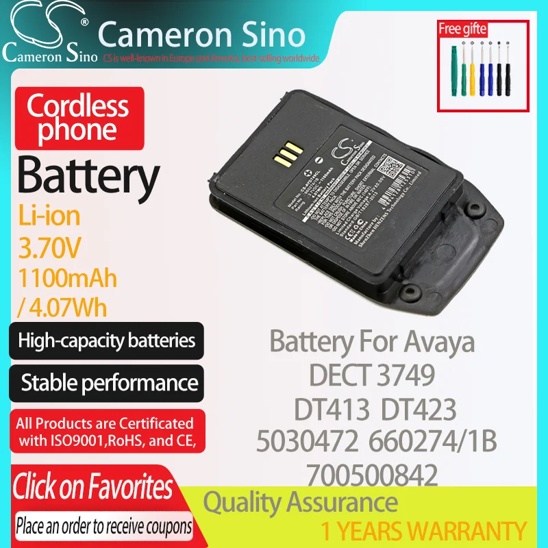 CameronSino Battery for Avaya DECT 3749 DT413 DT423 fits Avaya 5030472 660274/1B 700500842 Cordless phone Battery 1100mAh 3.70V