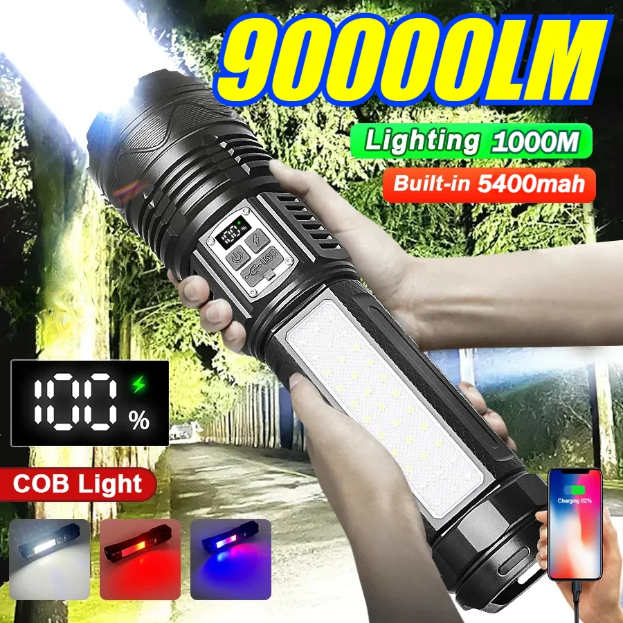 

90000LM High Power LED Flashlights Rechargeable Lamp Built-in Battery 9 Lighting Modes Tactical Flashlight for Fishing Camping