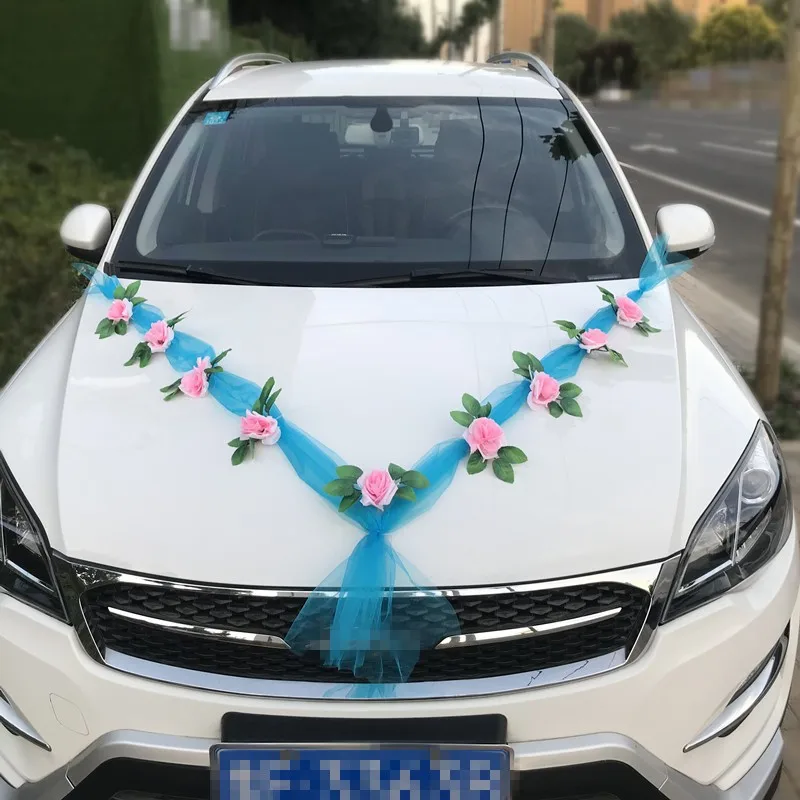 Wedding Party Supplies White Artificial Rose Silk Flower Tulle Garland For Bridal Car Exterior Multiple Position Decor