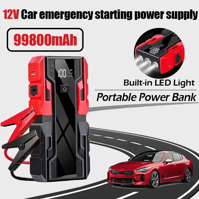 12V Portable Car Jump Starter: 99800mAh Large Capacity Lithium Booster for 8.0L Gas & 5.5L Diesel Engines