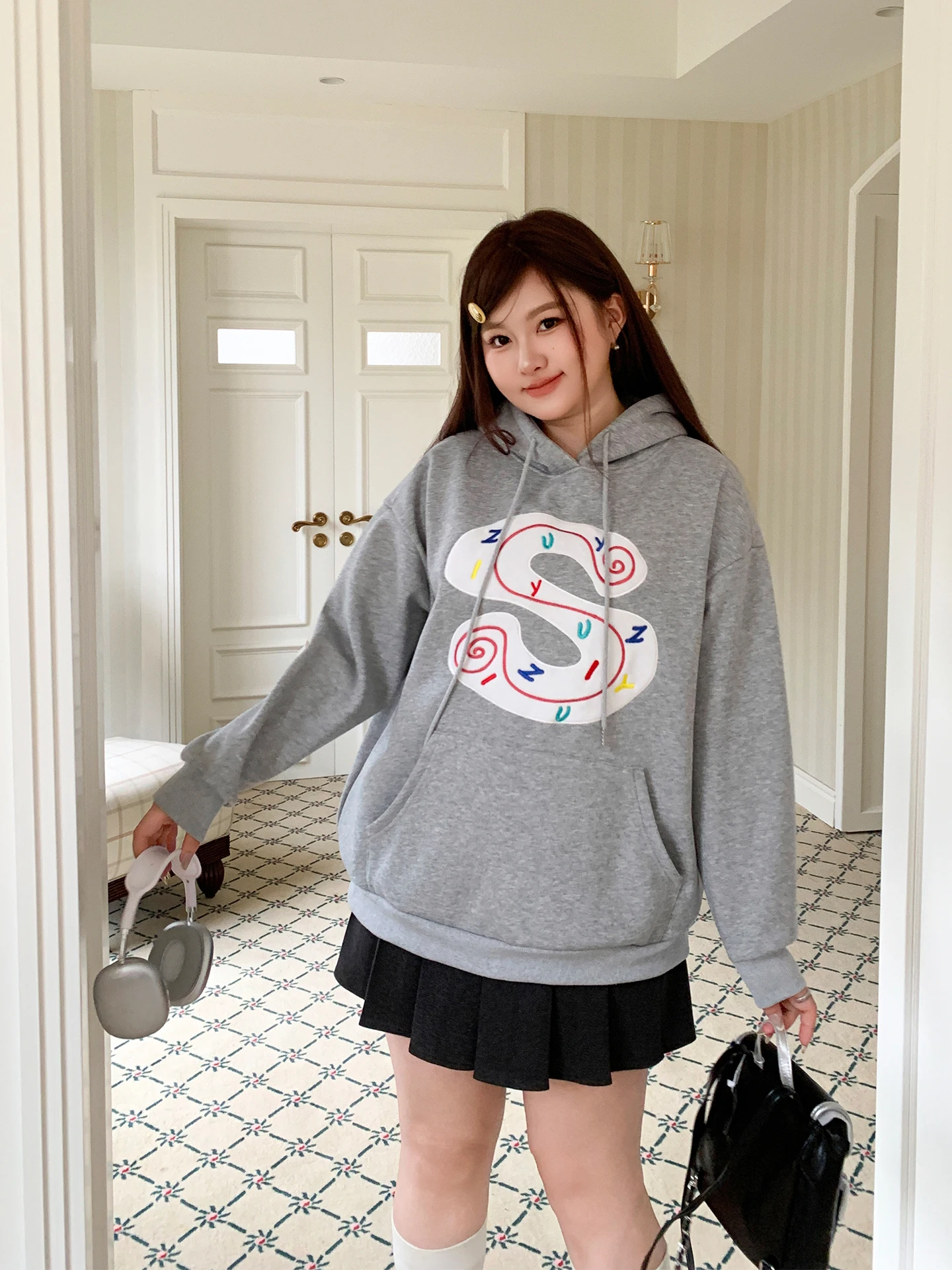 

Женская толстовка YUZI Fi Egg Patchwork с капюшоном, утепленная, свободного кроя, с рукавами до плеч, в стиле Sweet Cool, больших размеров