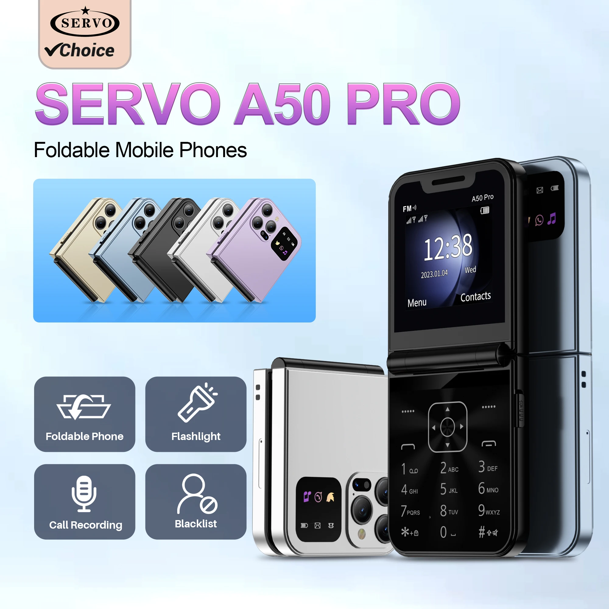 SERVO A50 PRO Flip Mobile Phone Dual SIM Card GSM Call Record Speed Dial Blacklist Magic Voice Flashlight Foldable Phone Type-C