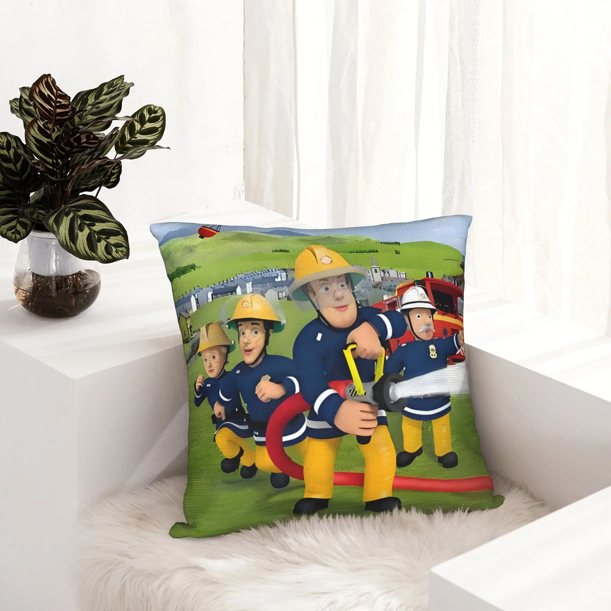 Modern Fireman Sam Sofa Cushion Cover Soft Rescue Helicopter  Pillow Case for Living Room