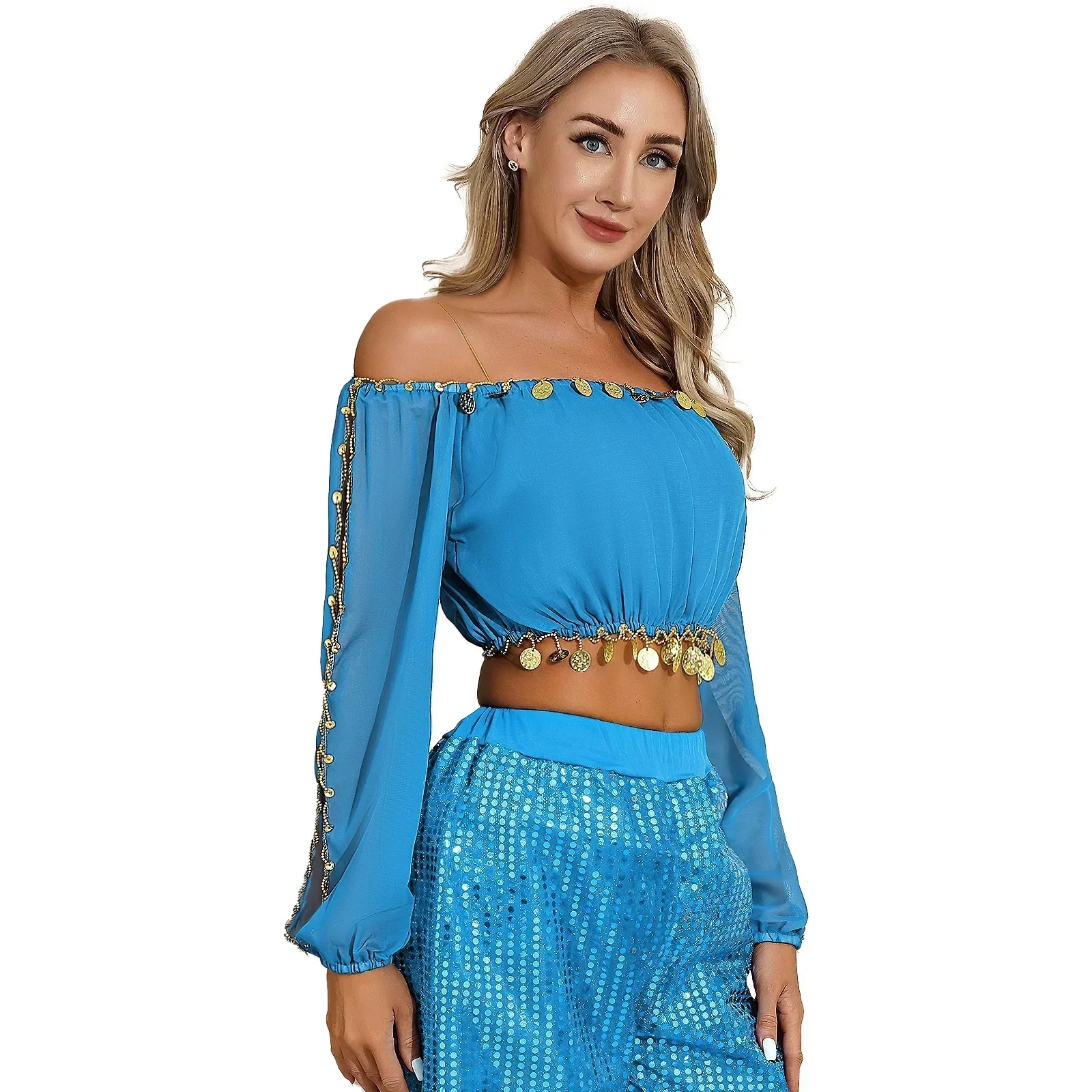 Womens Indian Carnaval Buikdanskleding Buikdans Tops Lovertjes Kralen Split Lange Bladerdeeg Mouw Crop Top