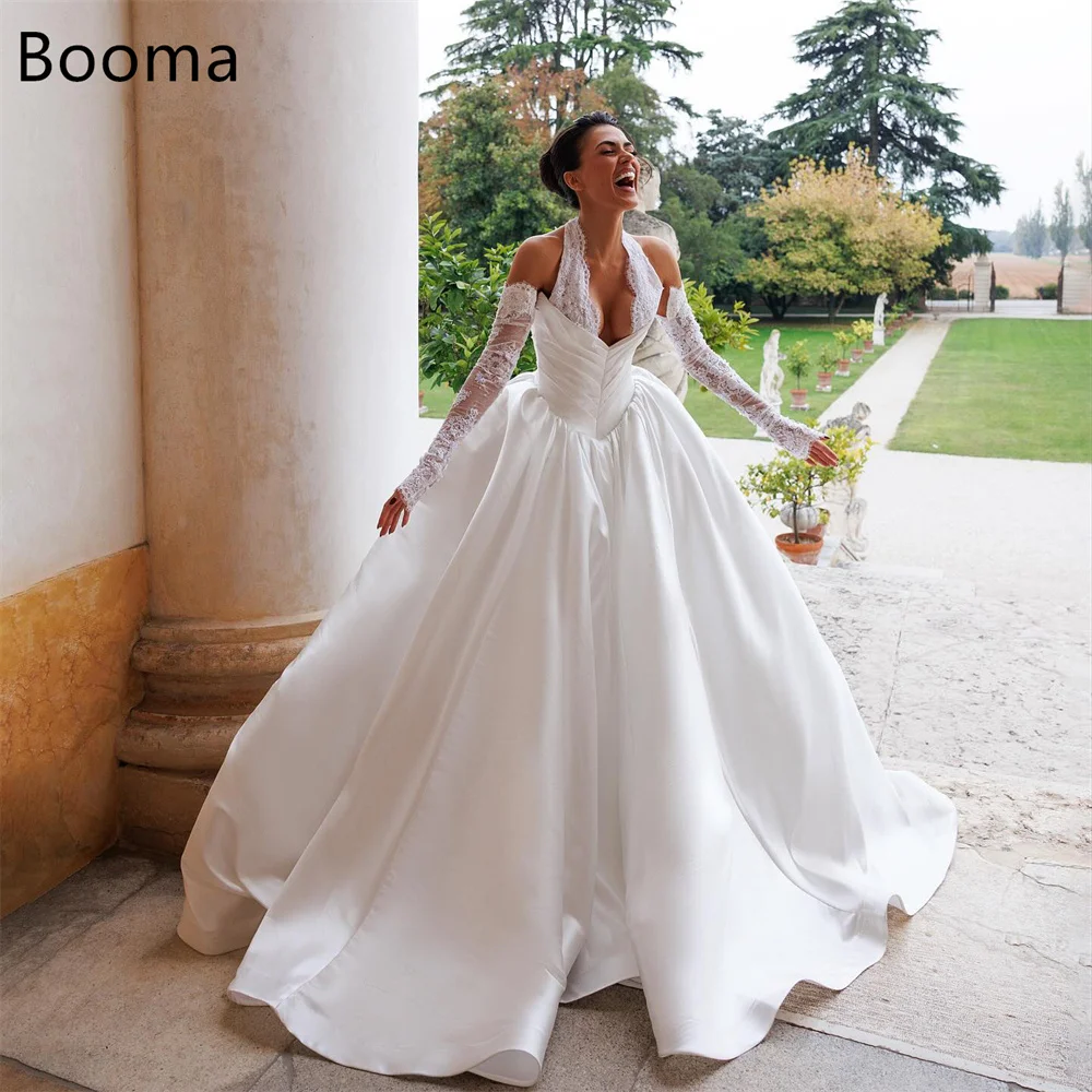 

Booma Mermaid V-Neck Lace Pleat Elegant Wedding Dresses Flowers Satin Classic Long Brides Gown Custom Made 2025