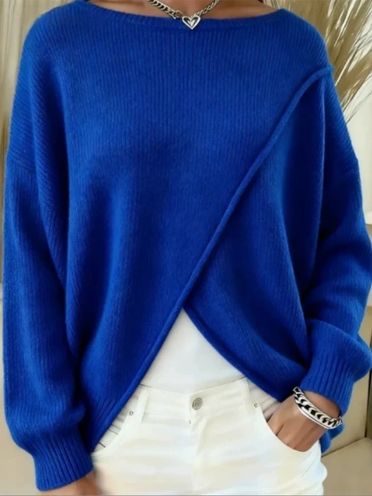 New autumn and winter knitted women's round neck slimming sweater solid color casual fashion versatile top