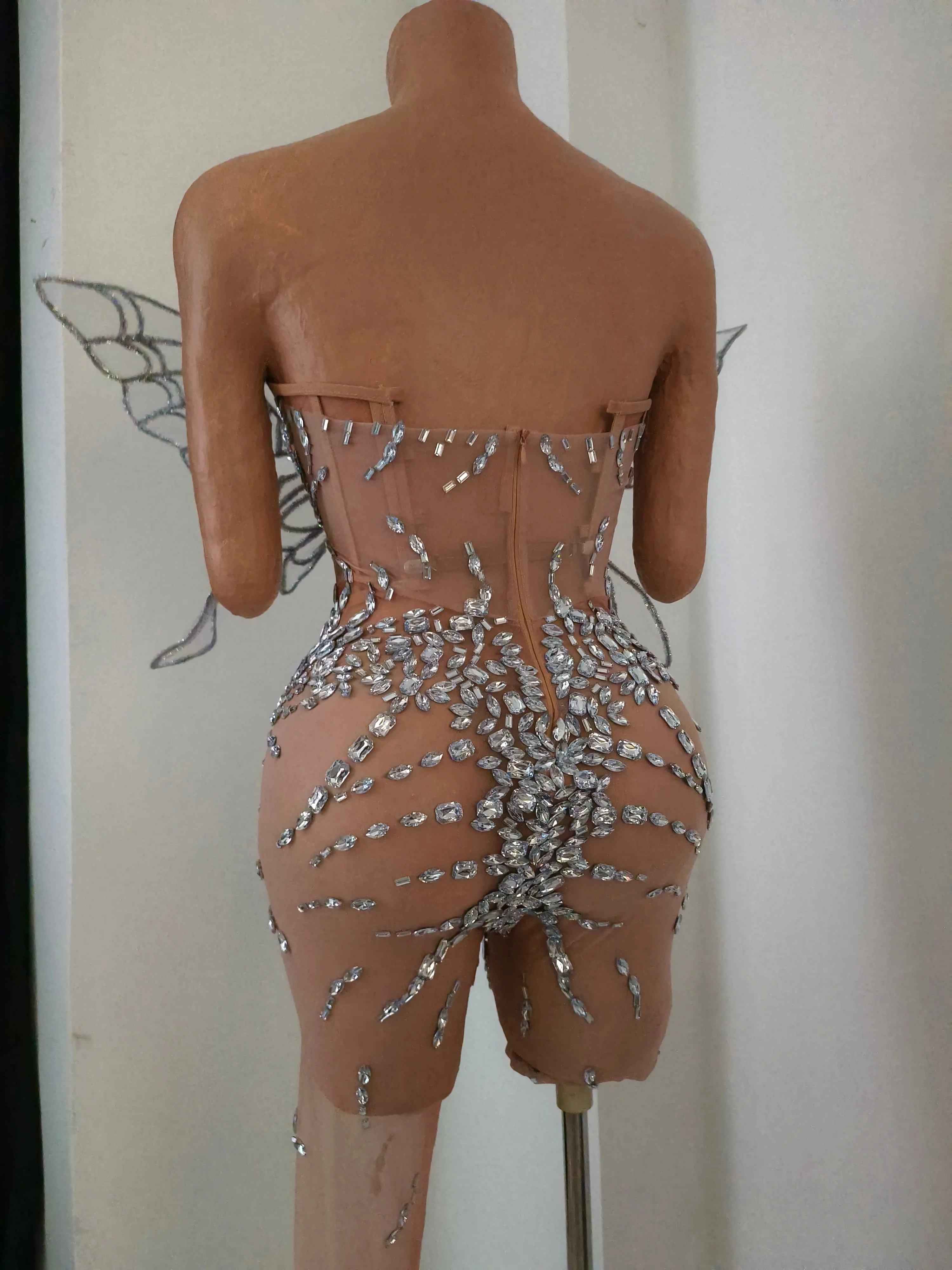 Sparkly Silver Diamond Big Butterfly Strapless Mesh See Through Jumpsuit Eveing Party Birthday Bar Nightclub Sexy Stage Costumes