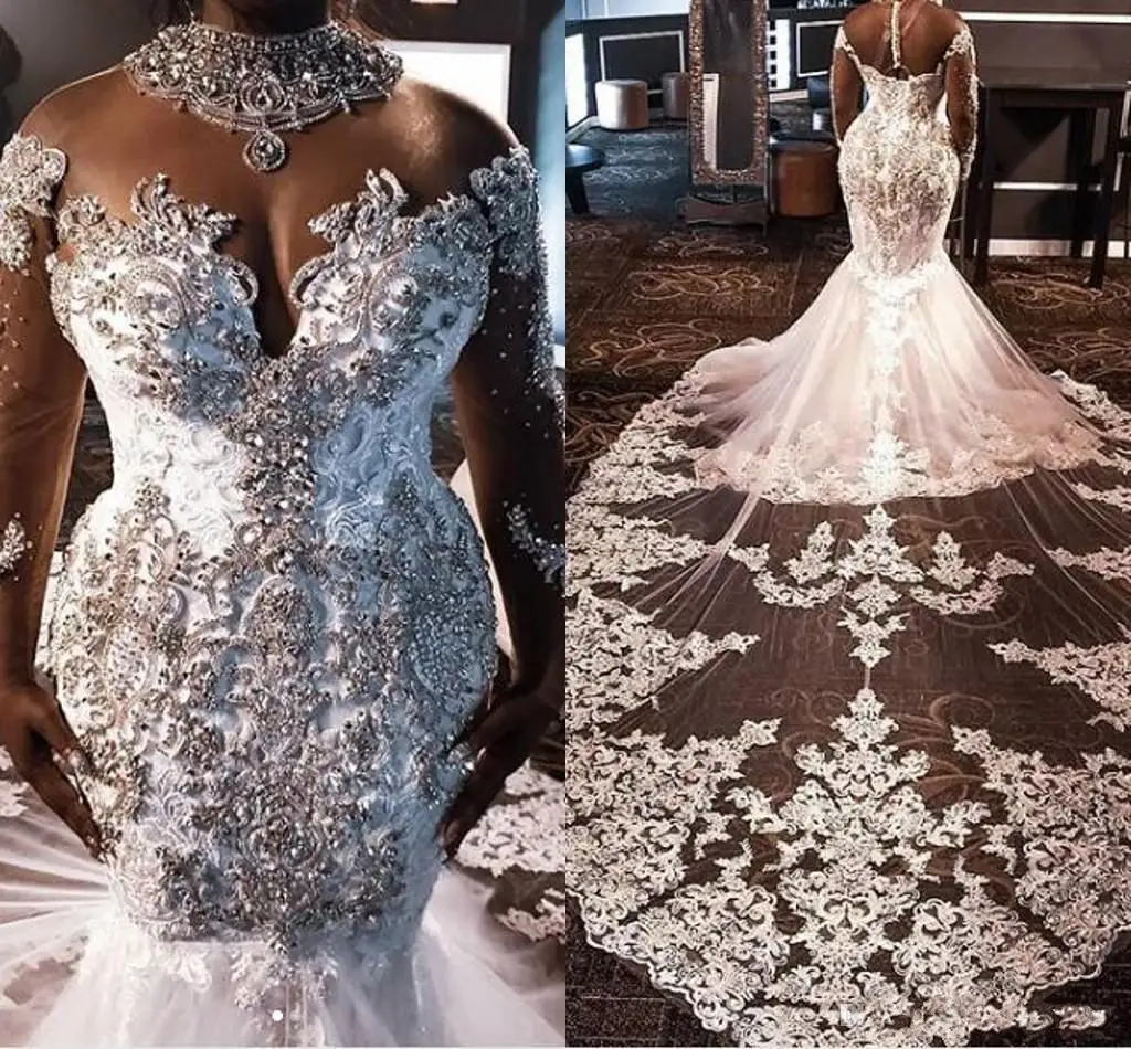 

High Neck South African Mermaid Wedding Dresses Lace Crystals Beading Long Sleeves Bridal Gown High Neck Plus Size Vestiods