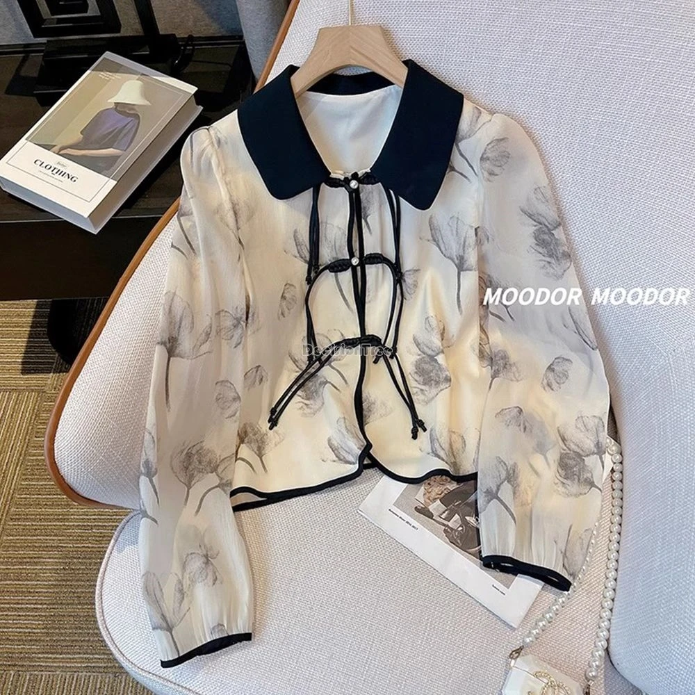 

2025 new chinese improved fashion loose style women chiffon shirt summer sun-protective long sleeve printed daily tang suit top