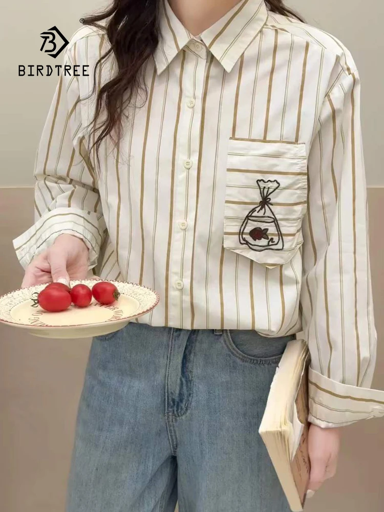 

New 2025 Autumn Cotton Long Sleeve Shirt, Women Turn-down Collar Striped Embroidery, Mori Girl Retro Chic Loose Blouse T57853CC