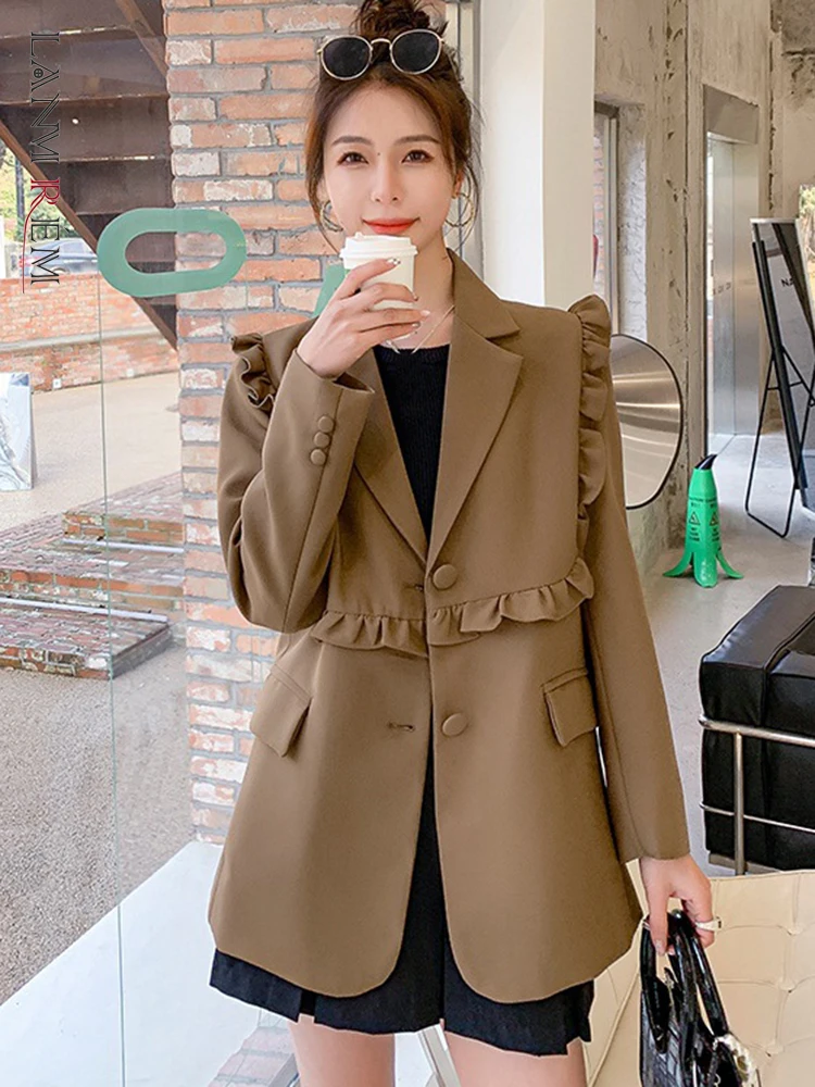 LANMREM Blazers For Women 2023 Long Sleeves Ruffles Single Breasted Solid Color Niche Coats Korean Style Trendy Clothing 2DA1669