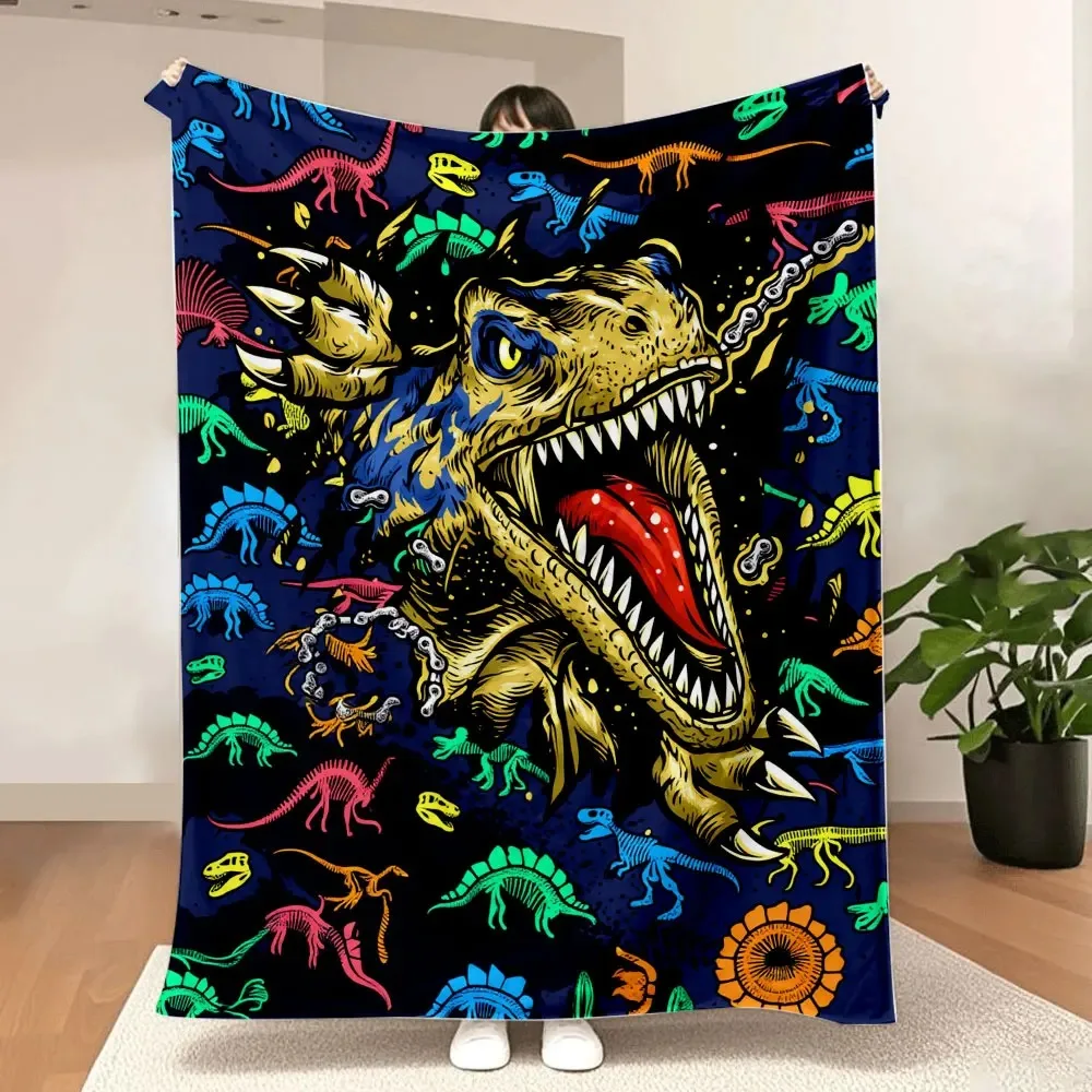 

Pop - Art Dinosaur Blanket - Vibrant T - rex with Colorful Accents, Smaller Dinosaurs & Patterns, Dynamic Prehistoric Design
