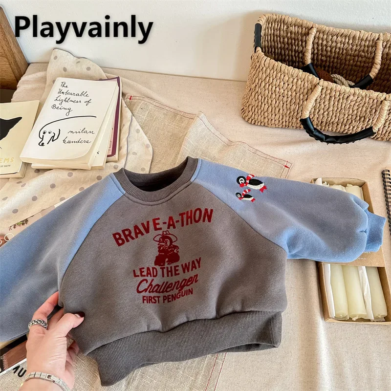 Children Fashion Color Blocking Long Sleeve Sweatshirts Autumn Winter Letter O-neck Fleece Pullover Tops Baby Clothes A23673