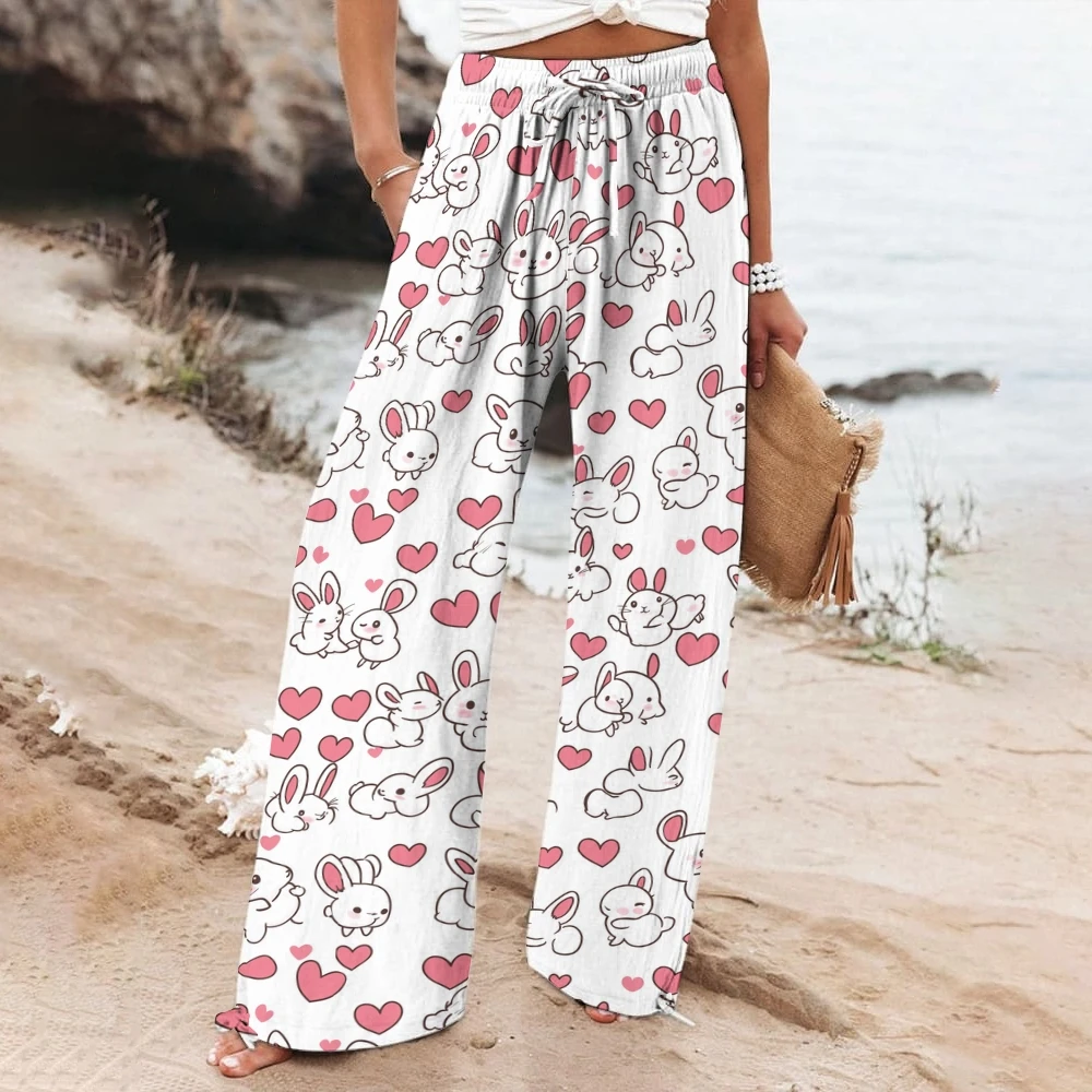 

Women Rabbit Hearts Print Pant Bunny Vibes Outfit Leisure Versatile Vacation Rabbits Design Pants Bunny Lovers Drawstring Pants