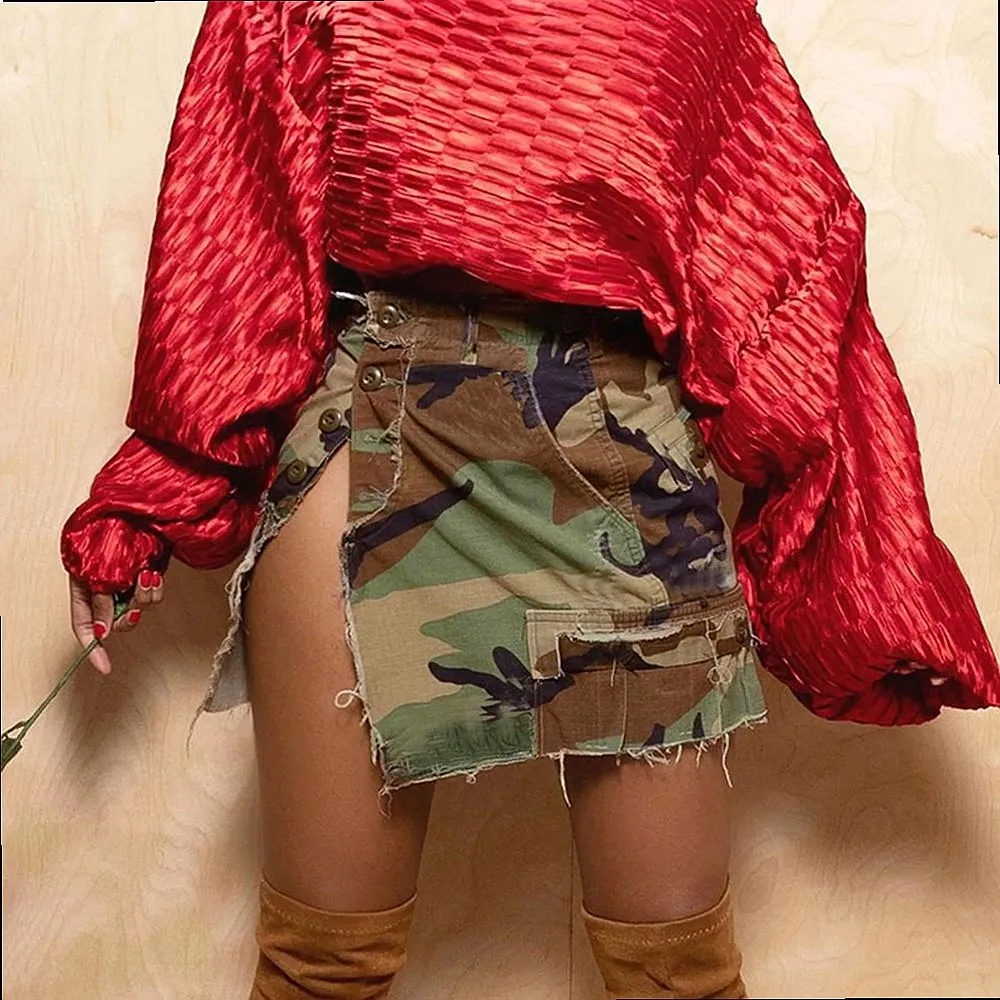 Spring Summer Camo Skirts with Washed Distressed Pocket Button Detail for Women