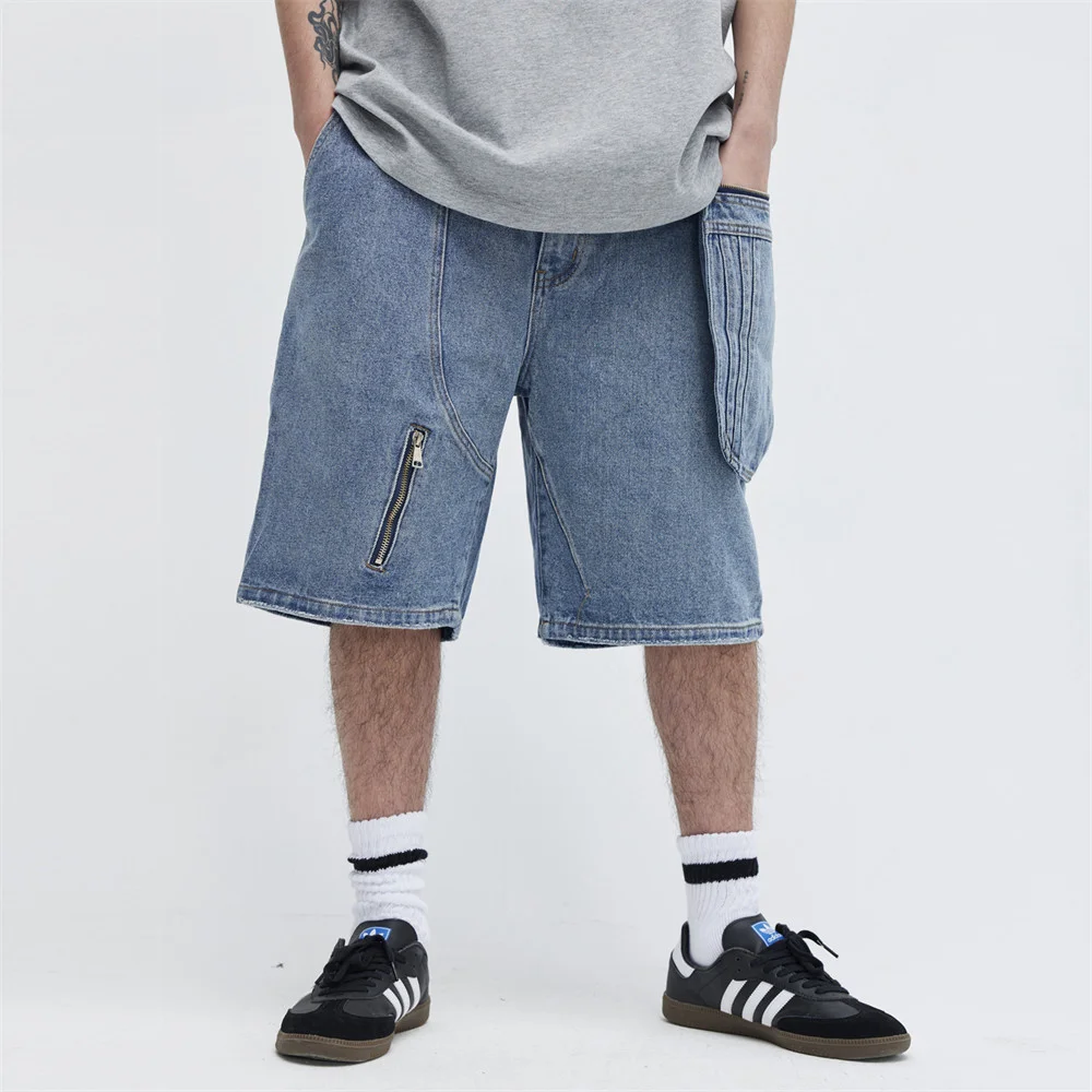 

Pocket Zipper Denim Shorts Men's Retro Loose Straight Knee-length Jeans Washed Cropped Pants Male