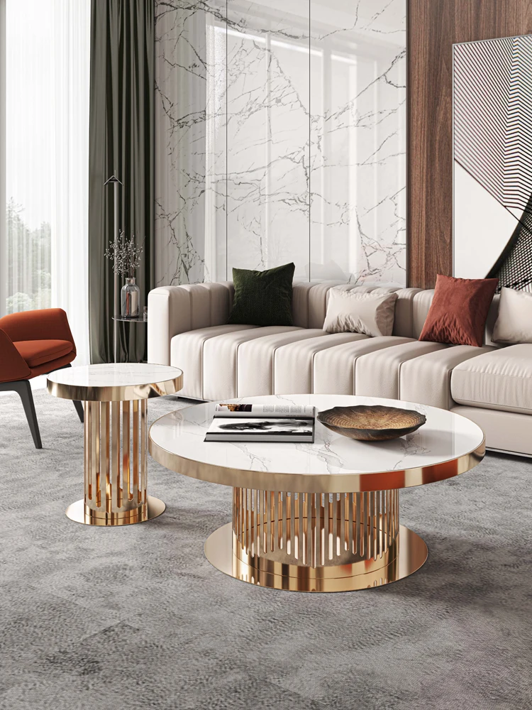 Light Luxury Rock Plate Circular Tea Table Modern Simple Household Size Unit Stainless Steel Size Circle Combination