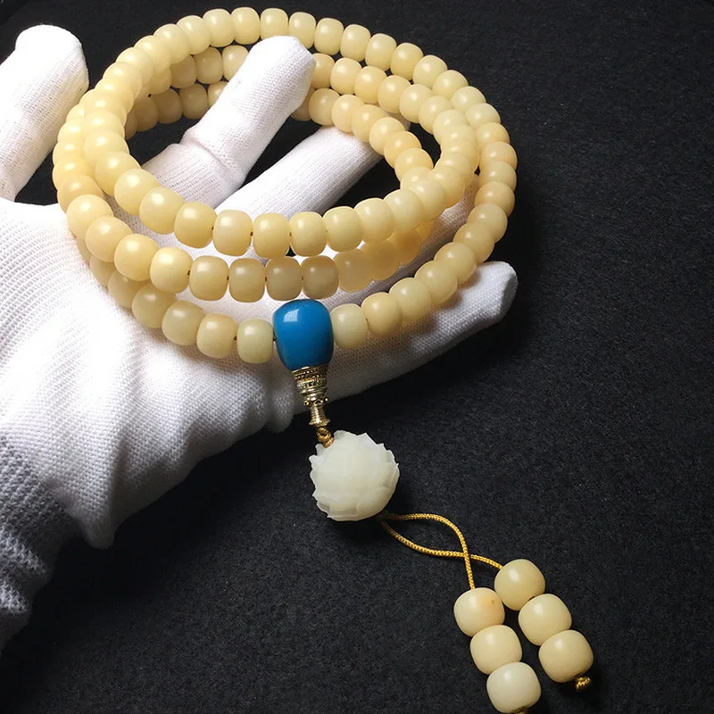 Light yellow jade-like Bodhi root barrel bracelet, lightly weathered color Buddhist beads, decorative pendant necklace 8*1