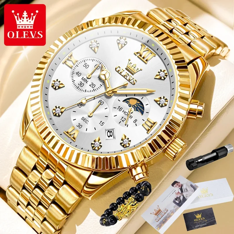 

Olevs 2932 high end men's watch classic lunar phase waterproof stainless steel chronograph watch luxury quartz men's watch