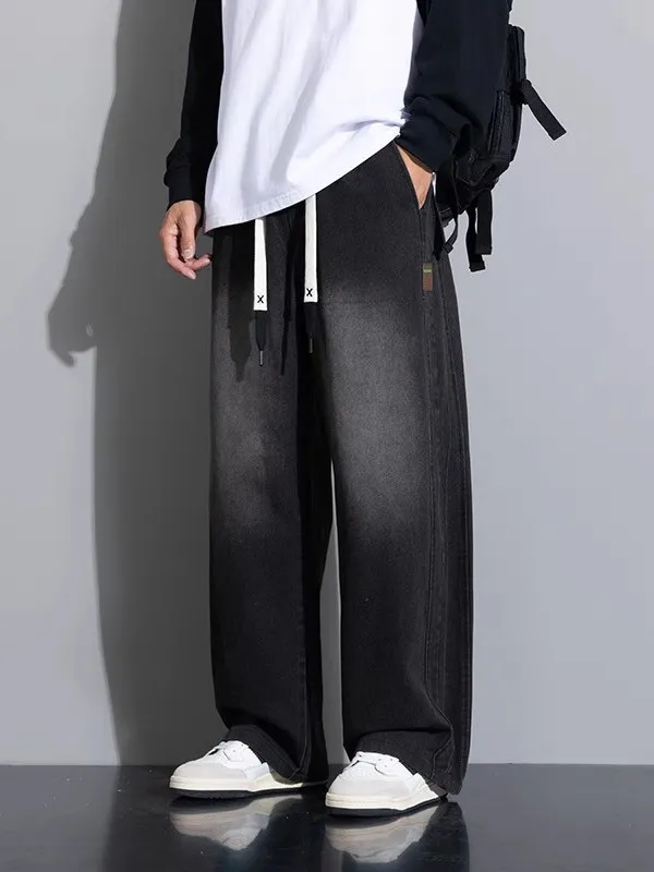 

Мужские джинсы больших размеров в американском ретро-стиле, свободные, прямого кроя, с эластичным поясом, стрейчевые, осенние, хлопковые, длинные брюки