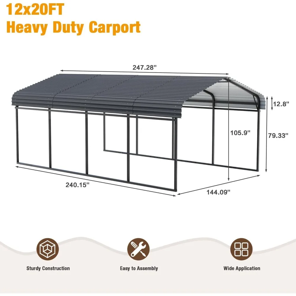 12 x 20 FT Metal Carport, Heavy Duty Carport with Galvanized Steel Roof, Outdoor Multi-Use Carport Canopy, Garage Car Shelter