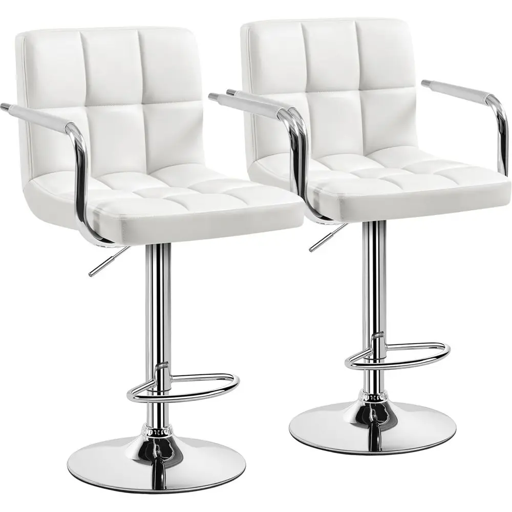 

Set of 2 White PU Leather Swivel Bar Stools with Adjustable Height, Armrests, and Back for Kitchen and Dining