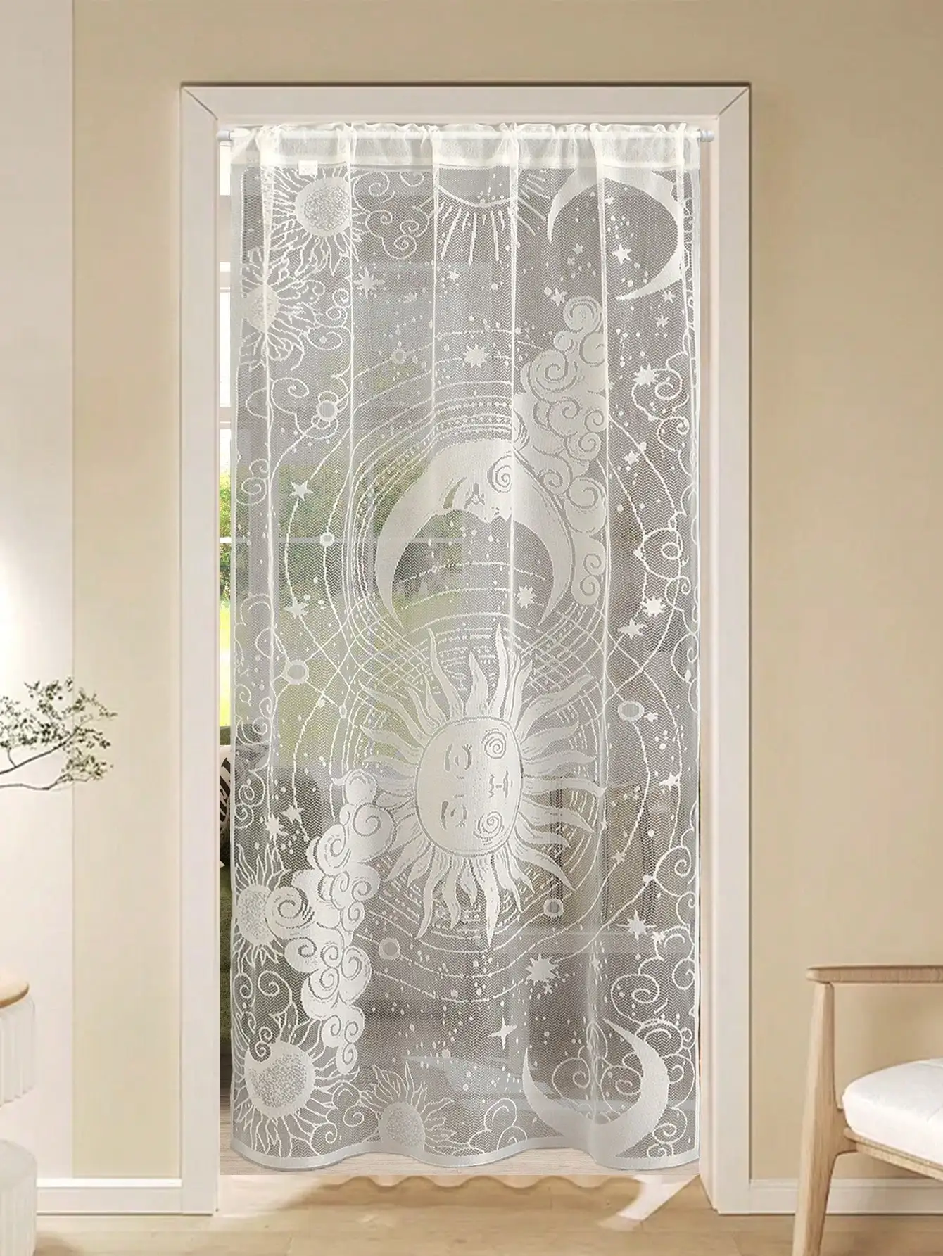 1PC Ramadan Translucent Sun and Moon Lace Door Curtain for Living Room Kitchen Door Frame Barrier Decorative Door Curtains
