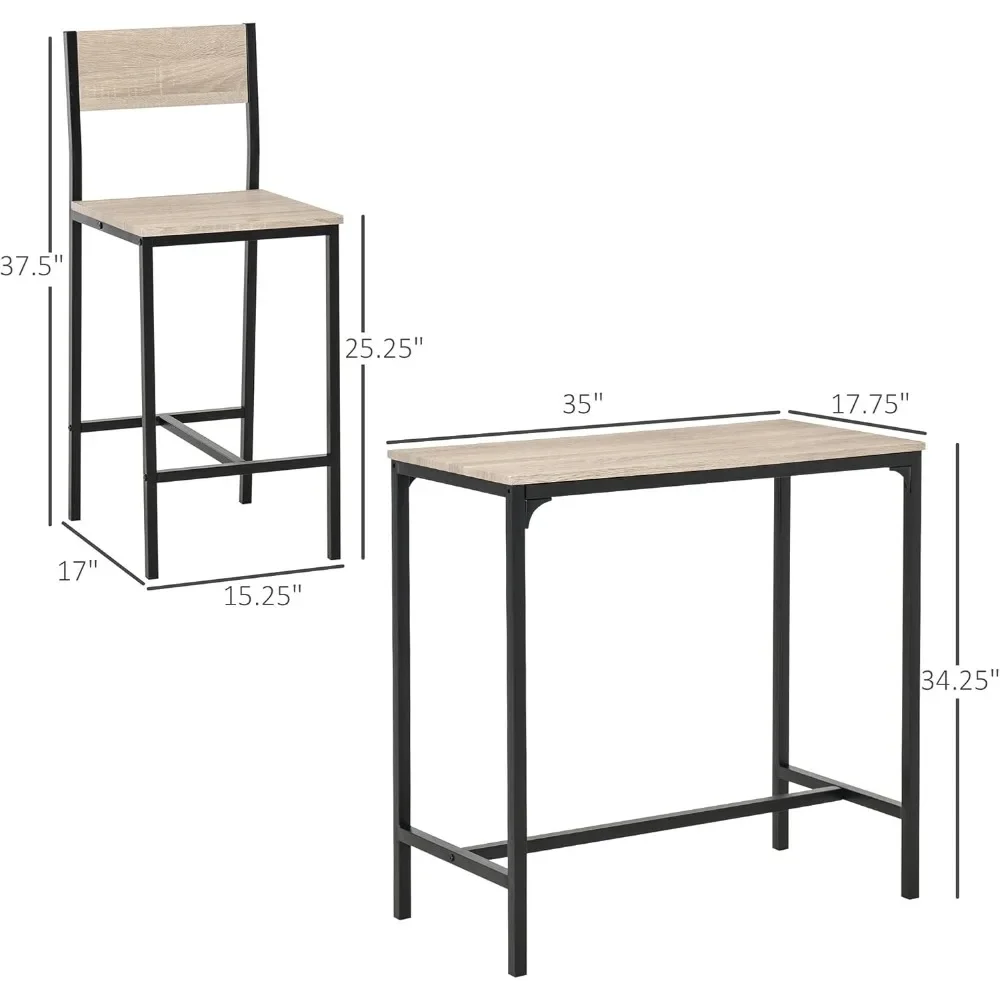 3 Piece Bar Table and Chairs Industrial Dining Table Set for 2, Counter Height Kitchen Table with Bar stools Breakfast Set