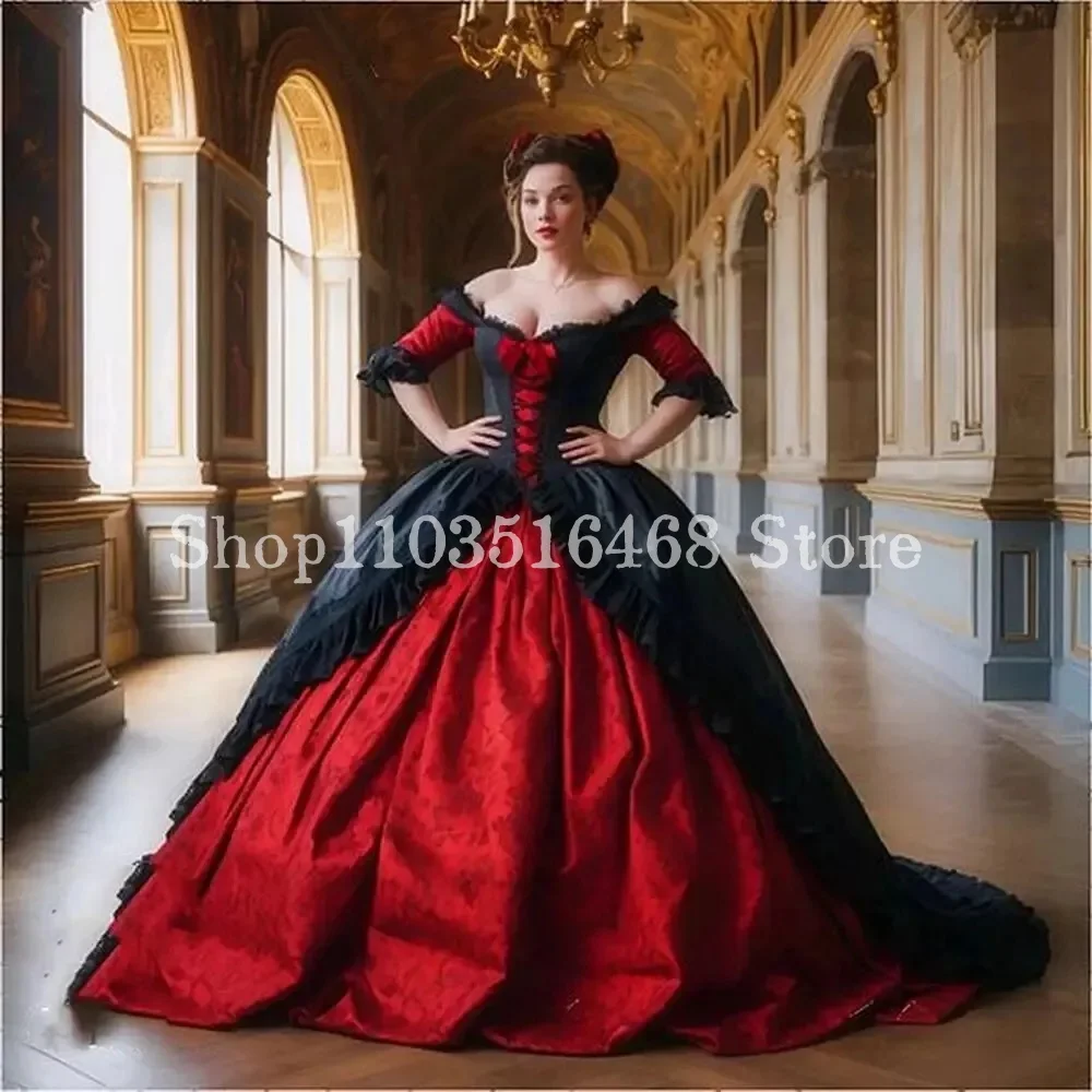 Puffy Victorian Prom Dress Off Shoulder Half Sleeve Pleated A-Line Floor Gothic Medieval Masquerade Duchess Ball Gowns