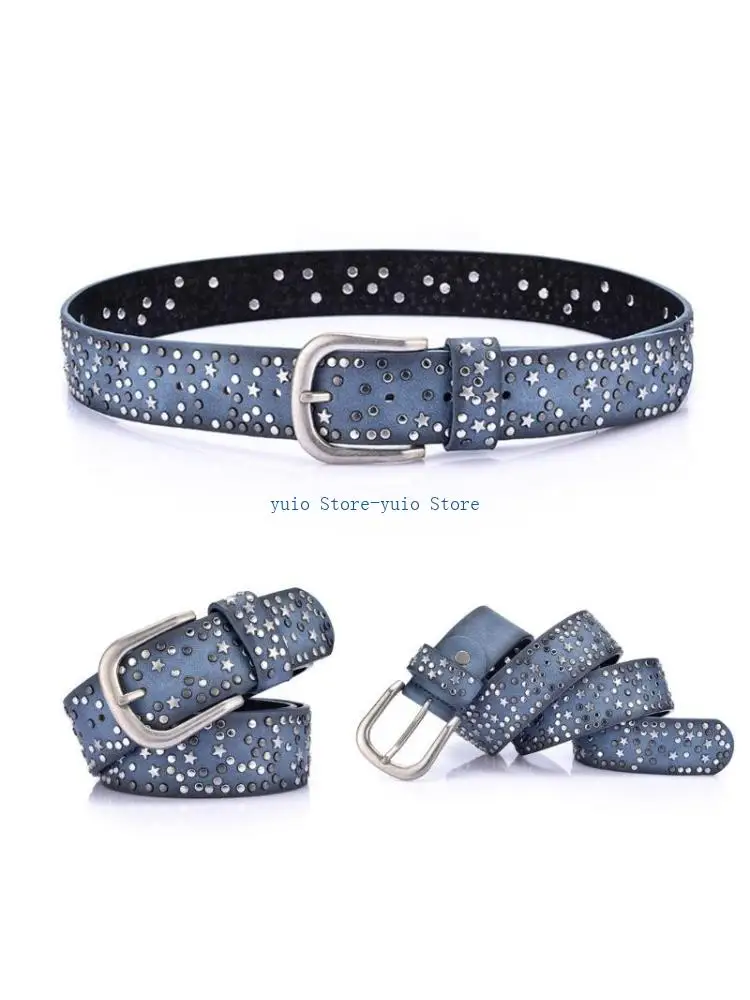 X7XB Adult Studded Star Belt for Dress Adjustable Pin Buckle Waist Belt Adjustable Buckle Wide Waist Belt Ladies Skirt Belt