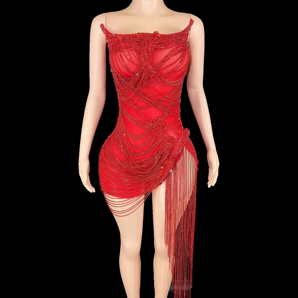 

Sparkly Red Rhinestones Fringes Mesh See Through Short Dress for Women Sexy Celebrate Birthday Wedding Evening Prom Dress