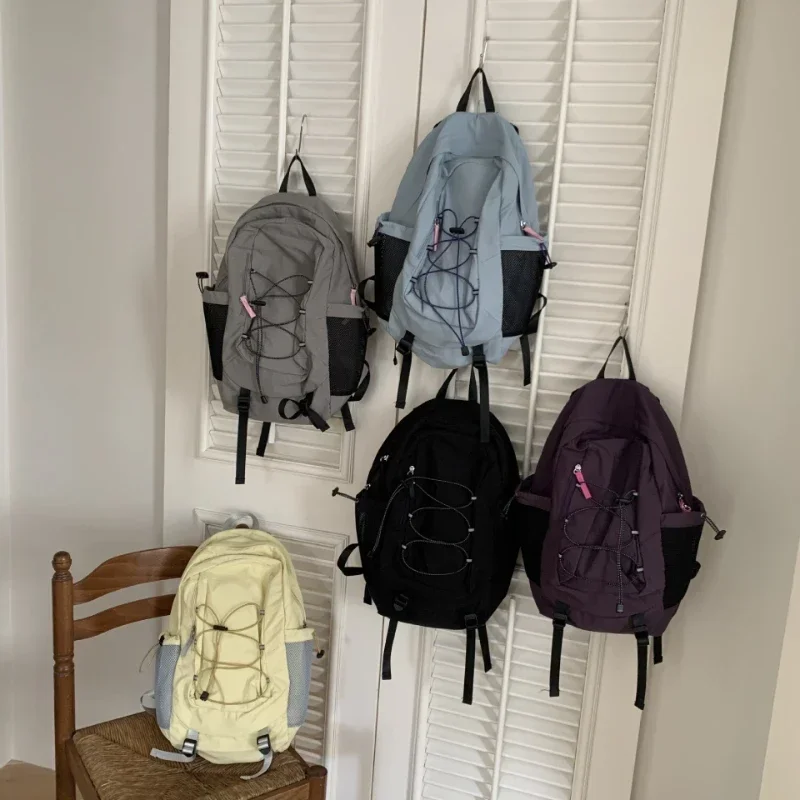 Women Retro Drawstring Backpack Girl Large Capacity Sport Daypack Unisex Casual Travel Hiking School Bag with Mesh Pocket