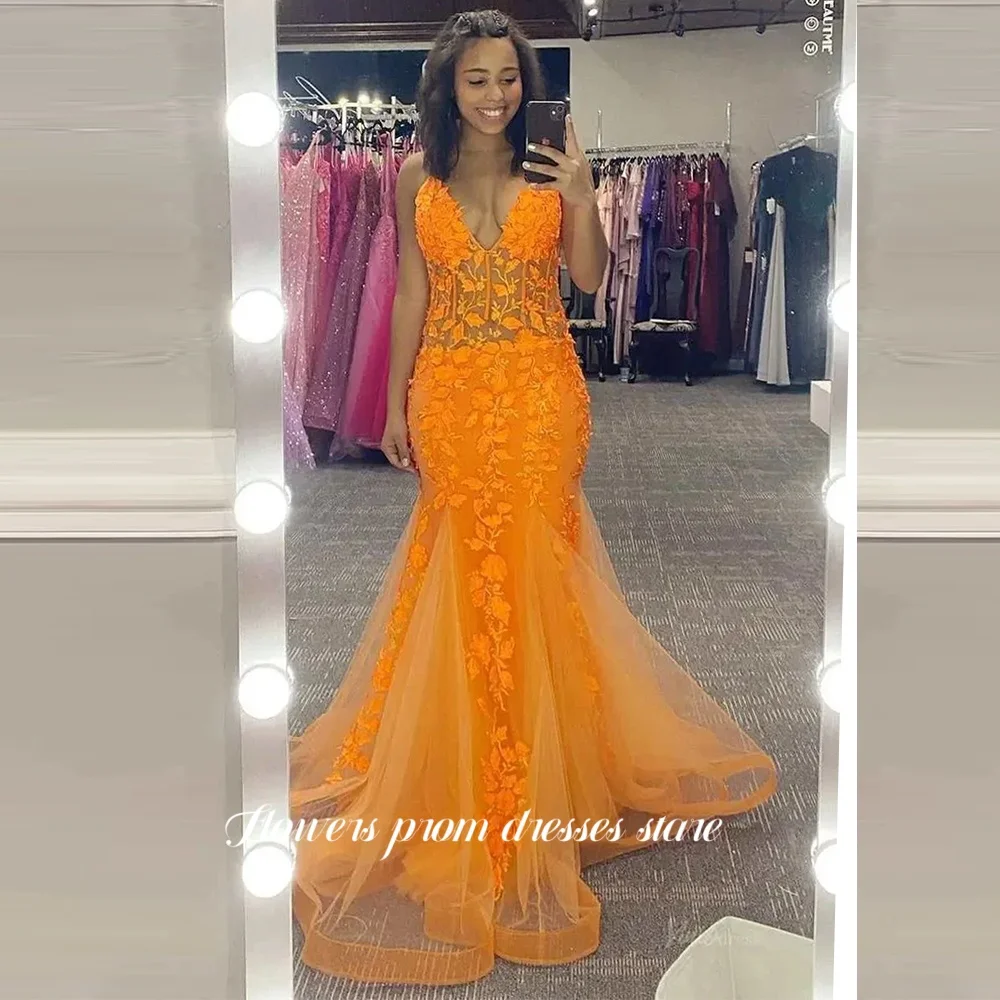 

Flowers Mermaid Party Dress Lace Applique Prom Dress Cut Out Evening Princess Dress for Women Vestido De Novia Customized