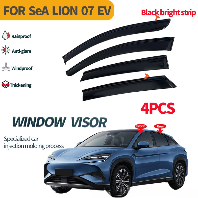 Black Sliver Bright Strip Windproof Door Visors For BYD Sealion 7 Sea Lion 07 EV 2024 2025 Car Window Visor Weathershield Guards