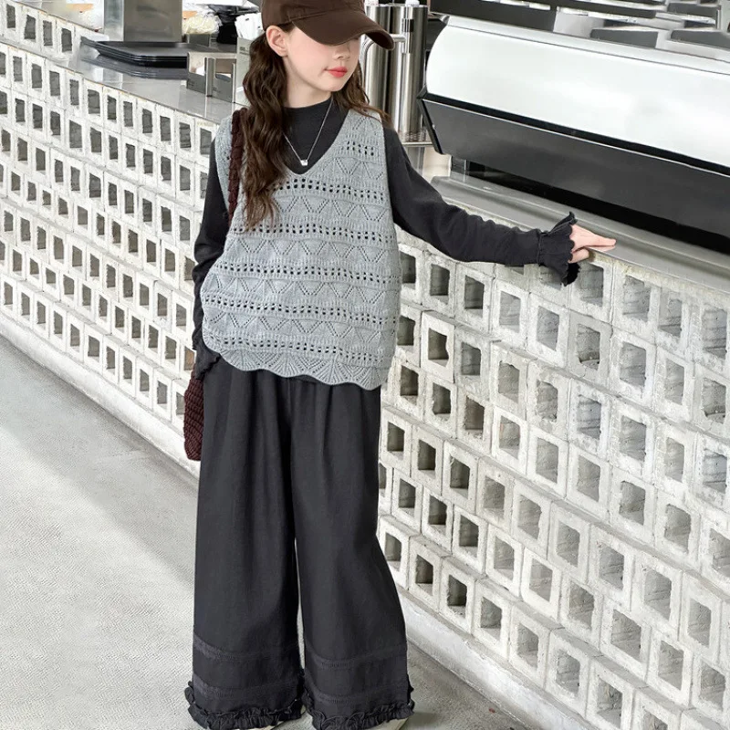 

Children Girls 3pcs Outfit Autumn Long Sleeves Undershirt+Knitted Vest+Elastic Waist Wide Leg Jean Junior Girls Casual Sets